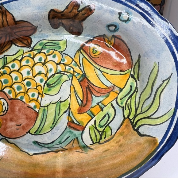 Vintage Signed 70’s Mexican Pottery Platter,  Red Clay, Hand Painted, Fish Beach - Picture 3 of 12